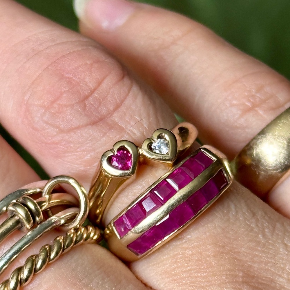 10k Yellow Gold and Natural Diamond and Synthetic Ruby Double Heart Ring